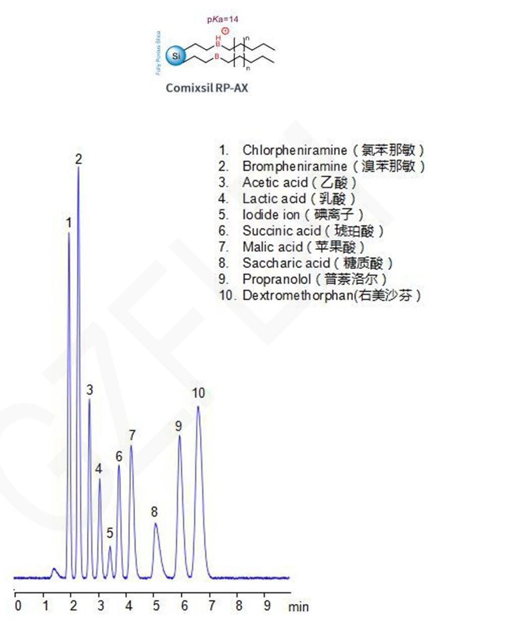 四种碱性药物和六种酸性抗衡离子的HPLC分析图谱